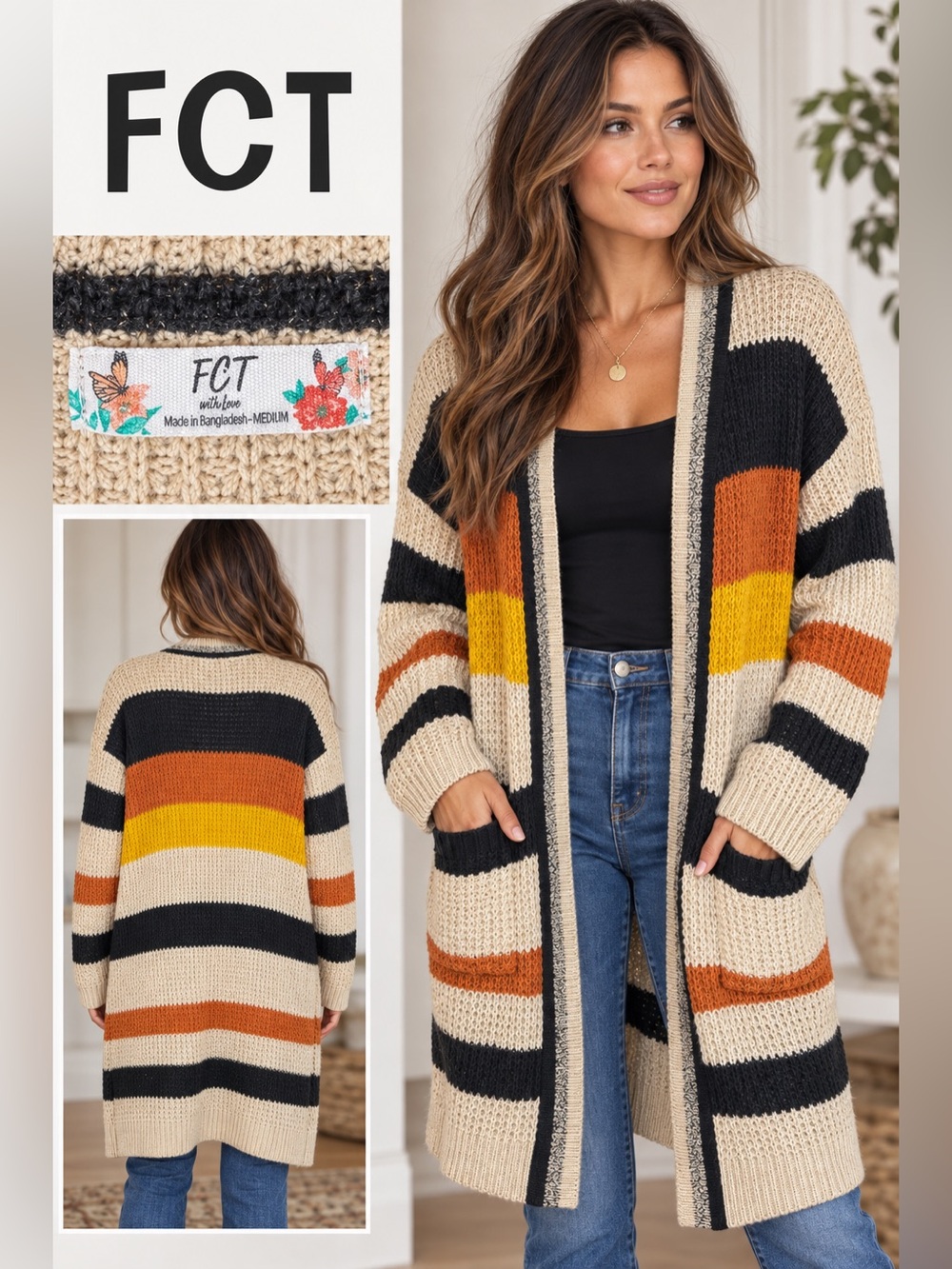 FCT With Love Striped Open-Front Cardigan Sweater Beige/Tan M